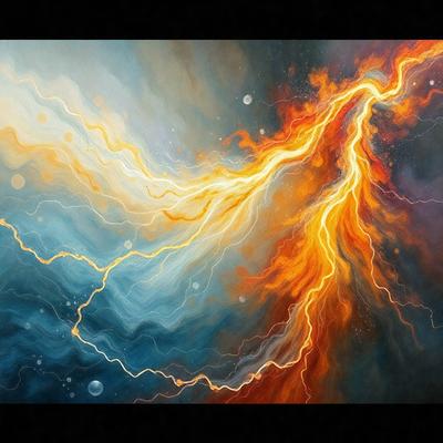 The primary subject of the image is a painting of a lightning bolt. The setting is a dark background, and the visual style is a digital art or illustration. The dominant colors are orange and blue, creating a vibrant and energetic atmosphere.
